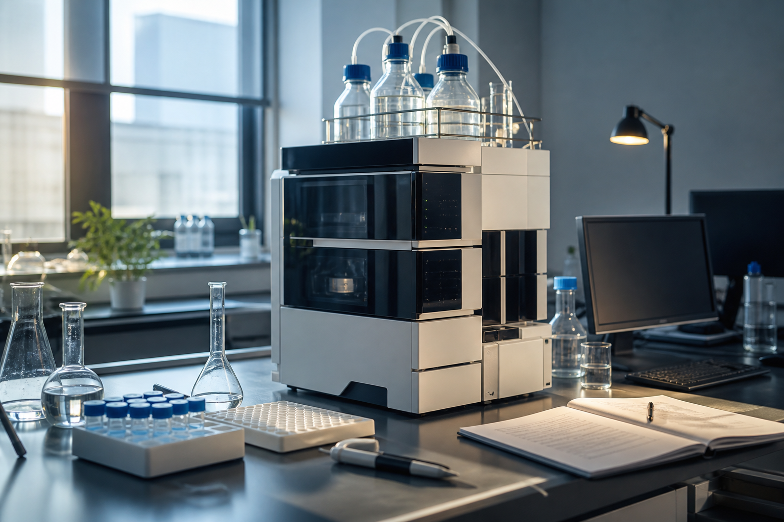 Original editorial visualization of an organized HPLC documentation workspace